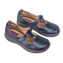 Sapato Boneca Couro Feminino Bordado Bico Redondo Casual