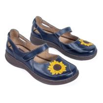 Sapato Boneca Couro Feminino Bordado Girassol Moderno Casual