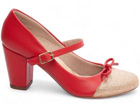 Sapato Boneca Mary Jane - Glamour e Conforto em Napa Vermelho com Glitter Ouro Light