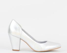 Sapato Boneca Salto Bloco 7cm Couro Prata CBK