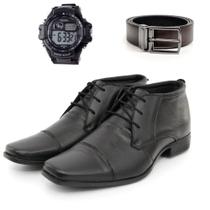 Sapato Bota Social Masculino Preto Couro Animal Confortável + Cinto e Carteira