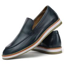 Sapato Casual Loafer Couro Masculino Calce Fácil Forro Couro Leve Elegante Sofisticado Marinho