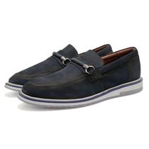 Sapato Casual Mocassim Social Loafer Couro Masculino Forro Couro Extremo Conforto Versátil Azul