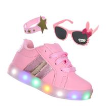 Sapato de Menina Rosa com Luz de Led Kit Tenis Infantil + Oculos e Pulseira