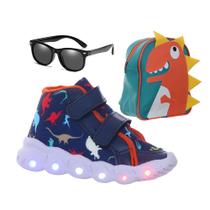 Sapato de Menino Com Luzinha de Led Dino com Mochila e Óculos Kit