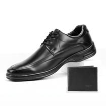 Sapato Derby Masculino Kit Social Preto Couro Cadarço Conforto Com Carteira
