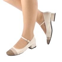 Sapato Feminino Boneca Branco Off Verniz Aveia e Taupe Salto Baixo 1246 - Emilia Ribeiro