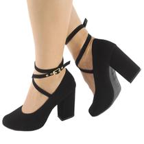 Sapato Feminino Boneca Preto Nobuck Salto Alto Bloco ER355