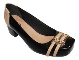 Sapato Feminino Confortavel Salto Baixo Medio Grosso 4042 Preto/Bege 36 - Lilha Shoes