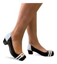 Sapato Feminino Confortavel Salto Baixo Medio Grosso 4042 Preto/Bege 36