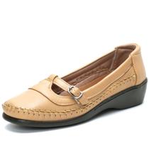 Sapato Feminino Conforto Macio em Couro Legitimo de Carneiro Forrado Cor Bambu (Bege)