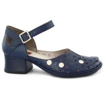 Sapato Feminino J Gean Azul Couro Retrô Vintage Bico Redondo Salto Médio Confortável FE0006