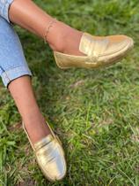 Sapato Feminino mocassim Oxford Dourado Metalizado