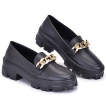 Sapato Feminino Mocassim Salto Tratorado Conforto Corrente Blogueira