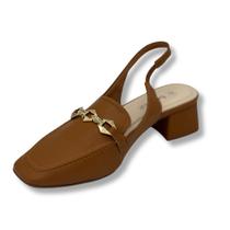 Sapato feminino salto baixo bloco detalhe em dourado