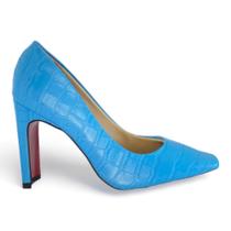 Sapato feminino salto reguá bico quadrado croco azul maré lasenna ref:240305am
