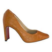 Sapato feminino salto reguá bico quadrado croco caramelo ref:240305ca
