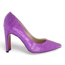 Sapato feminino salto reguá bico quadrado croco roxo lasenna ref:240305r