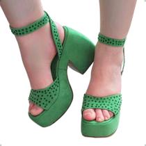 Sapato Feminino Sandália Anabela Salto Alto Grosso Conforto Brilho Strass Rosa ou Verde Neon Lindo - Lola