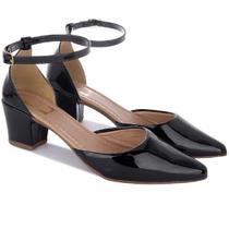 Sapato Feminino Scarpin Fivela Bico Fino Salto Grosso Brilho Elegante Sapato Feminino Scarpin Fivela Bico Fino Salto Grosso Brilho Elegante