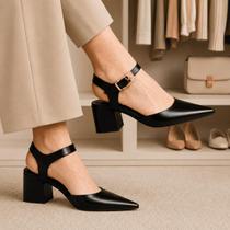Sapato Feminino Slingback Bico Fino Salto Grosso Baixo Scarpin Mule Confortável Sapato Feminino Slingback Bico Fino Salto Grosso Baixo Scarpin Mule Confortável