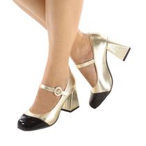 Sapato Feminino Social Boneca Retrô Salto Bloco Grosso Bico Quadrado Confortável Original Moderno 1100