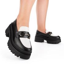 Sapato Feminino Tanara Loafer Preto e Branco T8481 - Tanara Calçados