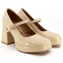 Sapato Feminino Usaflex Scarpin Boneca Verniz Bege Salto Grosso Alto Em Couro Confortável AJ1101