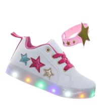 Sapato Infantil Led Luz Estelar Branco Pink Meninas com Pulseira
