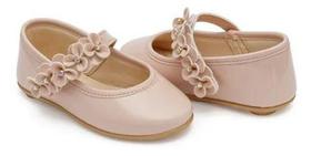 Sapato infantil Pimpolho nude com aplique de rosas e strass