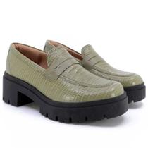 Sapato Loafer Feminino Usaflex Plataforma Salto Grosso Médio Em Couro Texturizado Confortável AJ0901