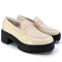 Sapato Loafer Feminino Usaflex Plataforma Salto Grosso Médio Em Couro Texturizado Confortável AJ0901