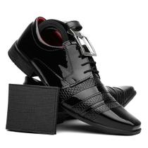 Sapato Masculino em Verniz Preto Super Confortável e Estiloso + Carteira e Cinto - Dallu Calçados