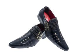 Sapato Masculino Italiano Em Couro Preto Frizado com Rebite Ref: 284