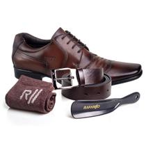 Sapato masculino rafarillo social couro mogno kit 4 em 1