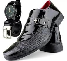 Sapato Masculino Social Preto Envernizado Com Cinto E Relogio