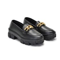 Sapato Mocassim Blogueira Preta Confortável Corrente Oxford Sola Tratorada