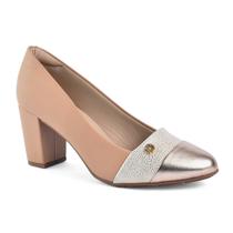 Sapato Modare Casual Conforto Bico Fino Salto Grosso Médio Nude Ouro