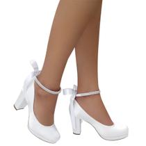 Sapato Noiva Boneca Duani Branco Meia Pata Salto Grosso Confortavel Sapato Noiva Boneca Duani Branco Meia Pata Salto Grosso Confortavel