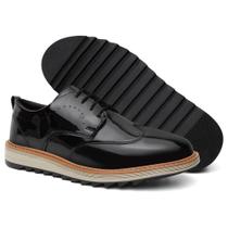 Sapato Oxford Casual Derby Tratorado Masculino Verniz Preto Moda Evangélica