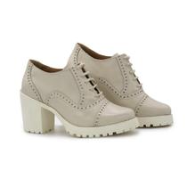 Sapato Oxford Couro Feminino Brogue Cadarço Salto Tratorado