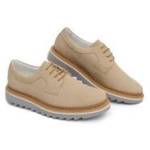 Sapato Oxford Masculino Derby Tratorado Couro Nobre Camurça