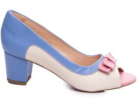 Sapato Peep Toe Salto Grosso Baixo Numeração Especial Grande Off Write, Azul e Rosa Arrasadora