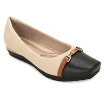 Sapato Piccadilly Salto Baixo Feminino - Bege e Preto