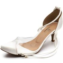 Sapato Sandália Feminina Scarpin Branco Salto Baixo De Amarrar Confortável