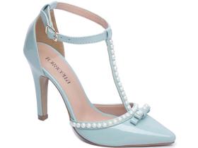 Sapato Scarpin Feminino Azul Verniz Salto Alto com Pérolas