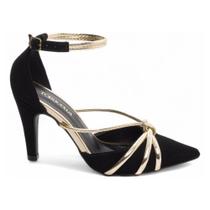 Sapato Scarpin Feminino Preto Metalizado Ouro Ligth Salto Fino 67072A