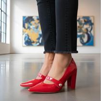 Sapato Scarpin Feminino Verniz Vermelho Salto Bloco 9 cm Casual e Formal Festa e Cerimônia.