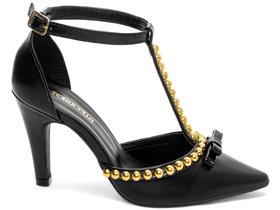 Sapato Scarpin Preto Detalhes Dourado Salto Alto