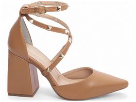 Sapato Scarpin Salto Alto Caramelo Apliques Abs Cor Dourado